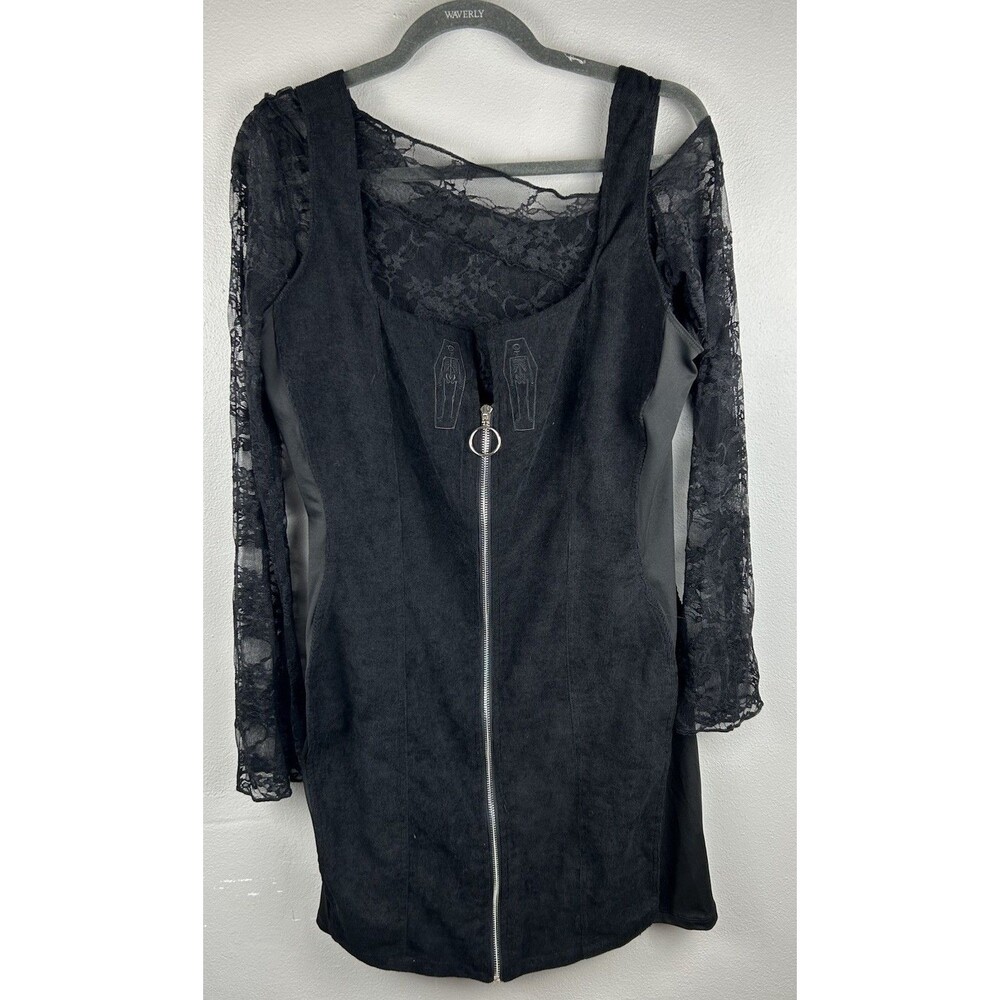 Disturbia Black Zip Corduroy Coffin Embroidered mini Dress Size 12 Bonus Top - Picture 12 of 15